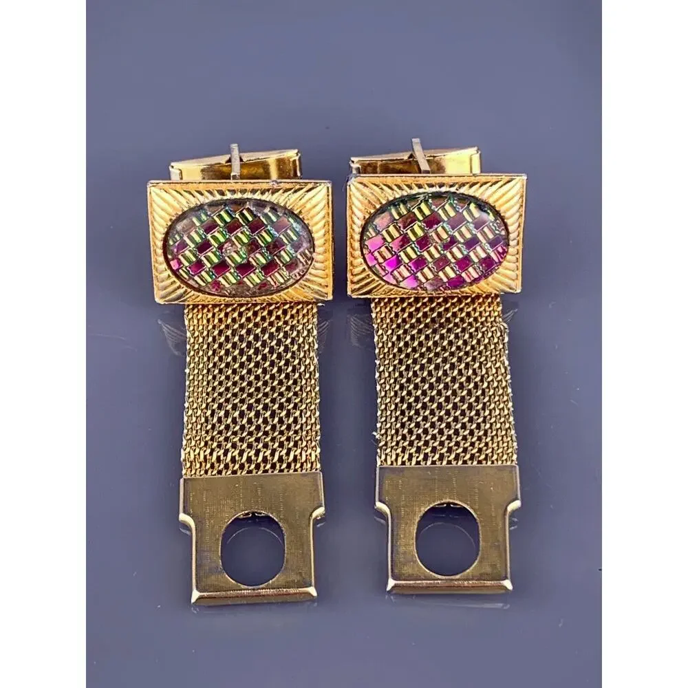 Dichroic Glass Cufflinks Wrap Around Gold Tone Green to Pink Lines Rays Vintage